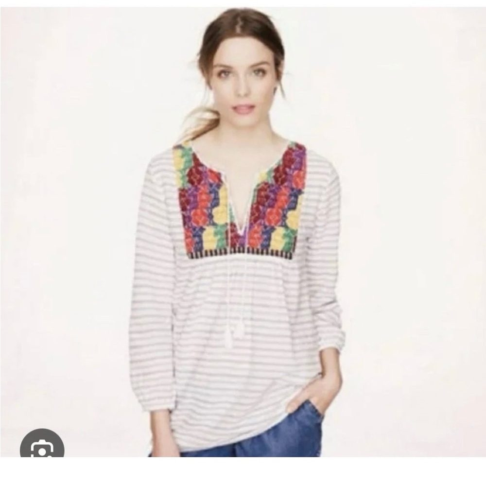 J. Crew Womens Embroidered Striped Tie Front Tunic Top Blue White Red L Boho